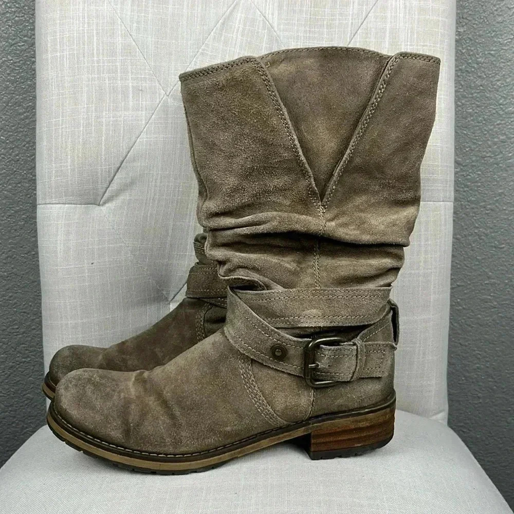 Clarks Brown Suede Leather Calf Length Boots Buckle Moto sz 7 EUC
